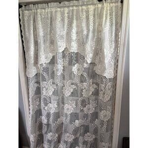 Lace Curtain Panel with Attached Valance 64" W x 92" L Cream Floral Pattern Poly